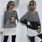 Women Knitted Sweater round Neck Long Sleeve Contrast Color Knitted Sweater Female Autumn