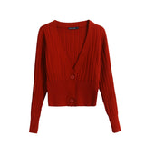 Women Sweater Knitwear V-neck Tight Waist Retro Lantern Sleeve Short Sweater Long-Sleeve Cardigan Sweater Women's Coat