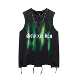 Men Vest Letter Graffiti Washed Make Old Ripped Sleeveless T-shirt