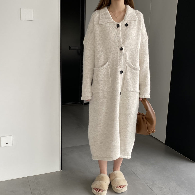 Women Cardigan Sweater Lapel Coat Loose Button N2362