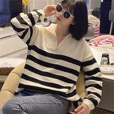 Women Knitwear Autumn and Winter Striped Lapel Knitwear Loose Sweater