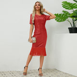 Women Date Dress round Neck Vintage Sequined Tassel Evening Dress