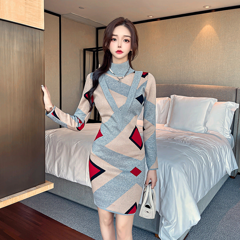Women Maxi Dress Autumn and Winter Turtleneck Knitted Dress