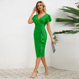 Women Date Dress round Neck Pleated Lace Dress