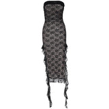 Women Dresse Black Lace off-the-Shoulder Split Streamers Dress