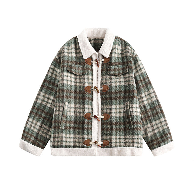 Unisex Winter Cotton Coat Winter Color Matching Plaid Lambswool Lapel Cotton-Padded Coat