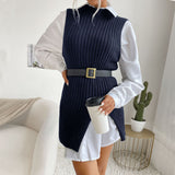 Women Knitted Sweater Autumn Split Solid Color Mid-Length Vest Sweater