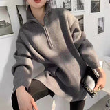 Women Knitted Pullover Autumn and Winter Zipper High Collar Loose Pullover Sweater