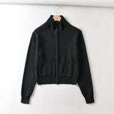 Women Sweater Knitwear Vintage Double Zipper Lapel Cardigan Top Coat Short Long Sleeve Sweater