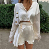 Women T-shirt Summer Sexy Skirt Long Sleeve Button Cardigan Top Suit