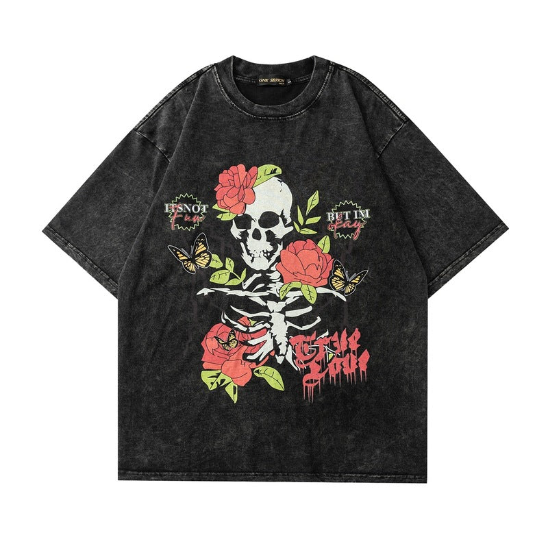 Men T Shirt Hip Hop Washed Vintage Rose Skull Short Sleeve T-shirt