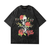 Men T Shirt Hip Hop Washed Vintage Rose Skull Short Sleeve T-shirt