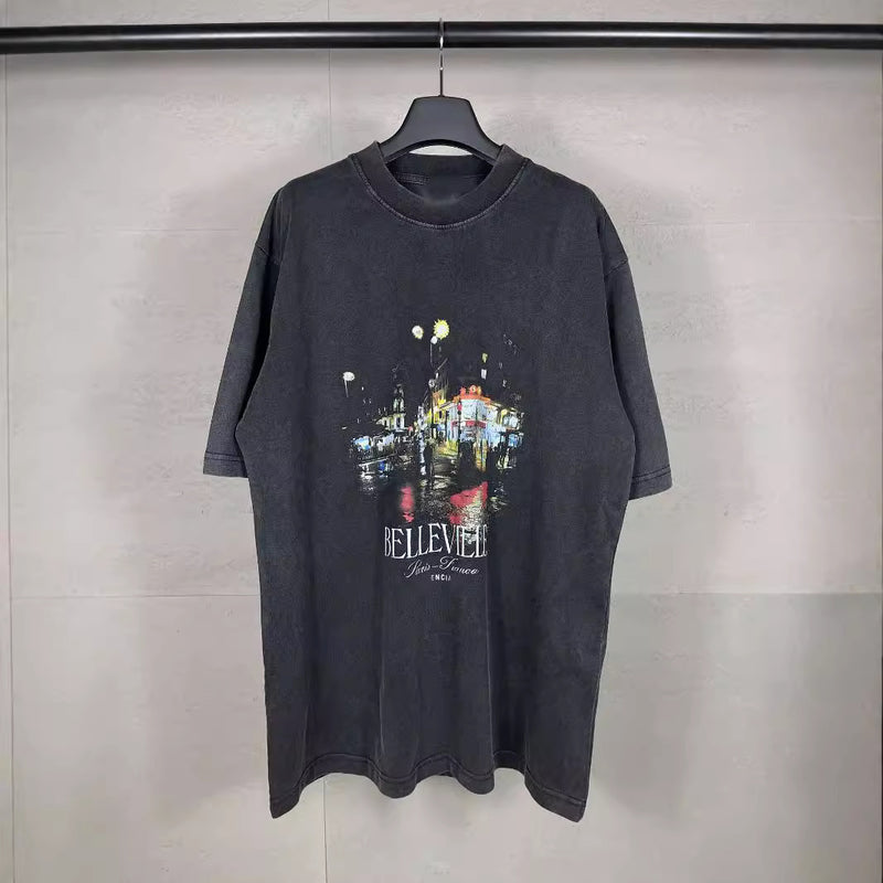 Mens T-shirts Balen Paris Night Print Washed Old Tee