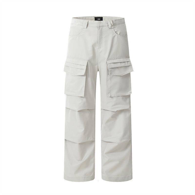 Men Sweatpants Multi-Pocket Pleated Casual Pants Solid Color Baggy Straight Trousers