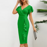 Women Date Dress round Neck Pleated Lace Dress