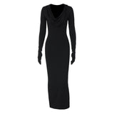 Women Dresses Winter Sexy V-neck Hooded Slim Fit Long Sleeve Dress