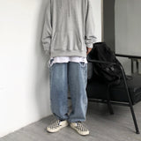 Men Jeans Washed Denim Trousers Elastic Waist Baggy Straight Trousers