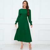Women Date Dress Fall/Winter Slim Long Sleeve round Neck Pleated Long Dress