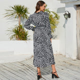 Women Date Dress Leopard Print Stud for Autumn and Winter Stand Collar Long Sleeve Dress Pleated Dress