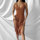 Women Knit Beach Cover Beach Casual Solid Color Knitted Spaghetti Straps Knitted Dress