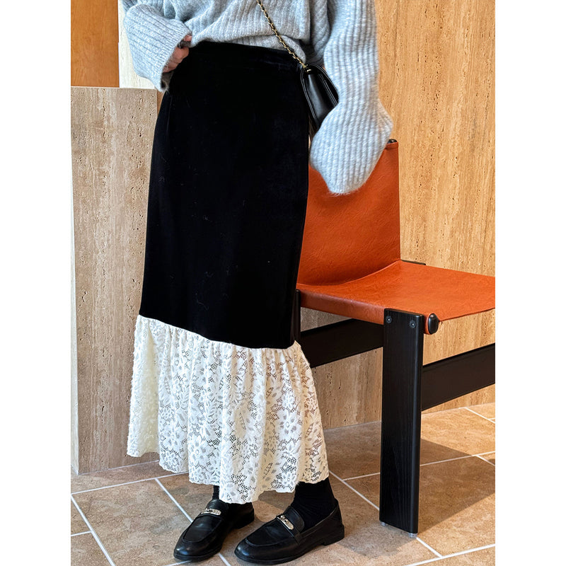 Women Skirt Gold Velvet Skirt Autumn and Winter Lace Fishtail Skirt