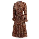 Women Date Dress Leopard Print Stud for Autumn and Winter Stand Collar Long Sleeve Dress Pleated Dress