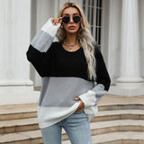Women Knitted Sweater Autumn and Winter Loose Color-Block Crew Neck Pullover Sweater