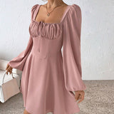 Women Dress Autumn and Winter Puff Sleeve Square Collar Dress