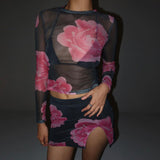 Women Co-Ord Set Sexy Mesh Suit Long Sleeve Top Short Skirt Suit
