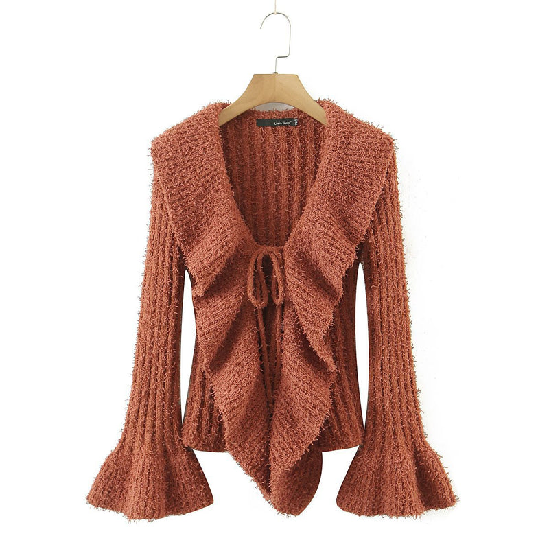 Women Sweater Knit Wear Large Wave Lapel Knitted Cardigan Ruffled Flared Sleeve Sweater