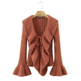 Women Sweater Knit Wear Large Wave Lapel Knitted Cardigan Ruffled Flared Sleeve Sweater
