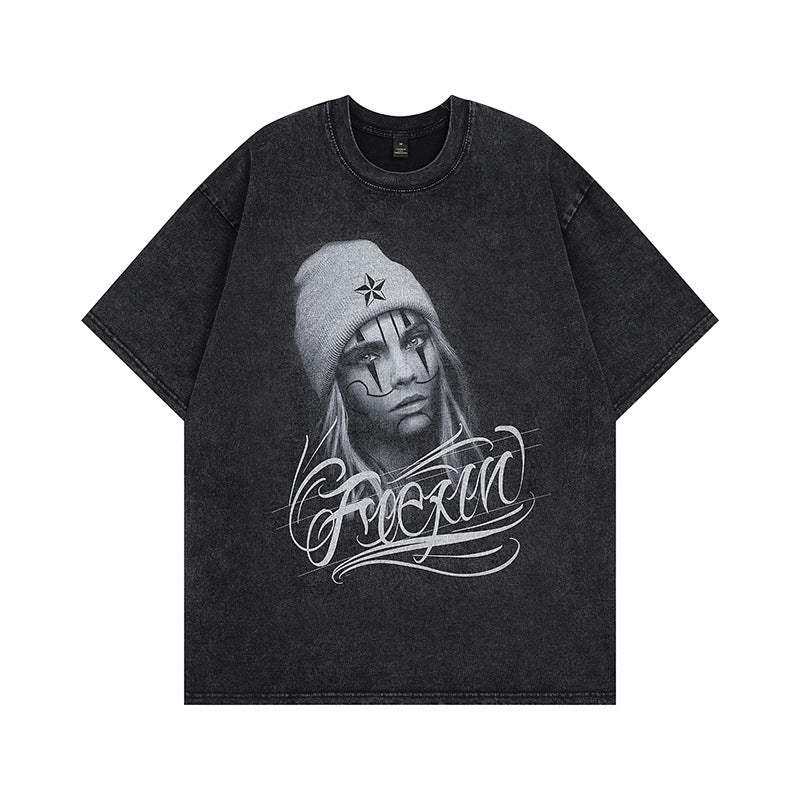 Men T Shirt Portrait Printing Worn Looking Washed-out Short Sleeve T-shirt