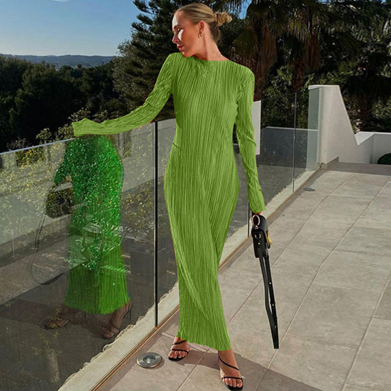Women Dresses Autumn Leisure round Neck Long Sleeve Slim Fit Dress