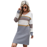 Women Knitted Sweater Autumn and Winter Leisure Women's Loose Long Sleeve V-neck Color-Block Long Sweater Dress