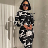 Women Dresses Spring Printed Turtleneck Long Sleeve Slim Fit Dress