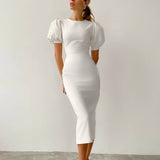 Women Dress round Neck Puff Sleeve Hip Skirt White Short Sleeve Dress