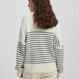 Women Knitted Sweater Autumn and Winter Turtleneck Striped Color Matching Long Sleeve Zipper Pullover Knitted Sweater
