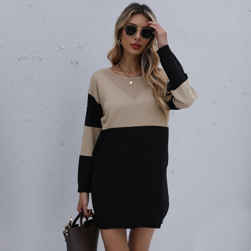 Women Knitted Sweater Autumn Pullover round Neck Loose Knitted Stitching Contrast Color Woolen Skirt