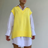 Ladies Leisure Knitwear Loose V-neck Knitted Sweater Vest Autumn and Winter Sleeveless Knitwear