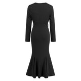Women Date Dress Knitted Long Sleeve V-neck Lace-up Fishtail Skirt
