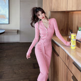 Women Maxi Dress Autumn V-neck Button Slim Fit Hip-Wrapped Sweater Dress