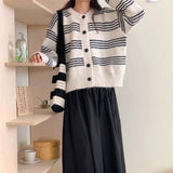 Women Knitwear Autumn and Winter Striped round Neck Sweater Loose Knitted Cardigan