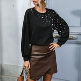 Women Knitted Sweater Autumn Winter Retro Top Bead Long Sleeve Black Sweater