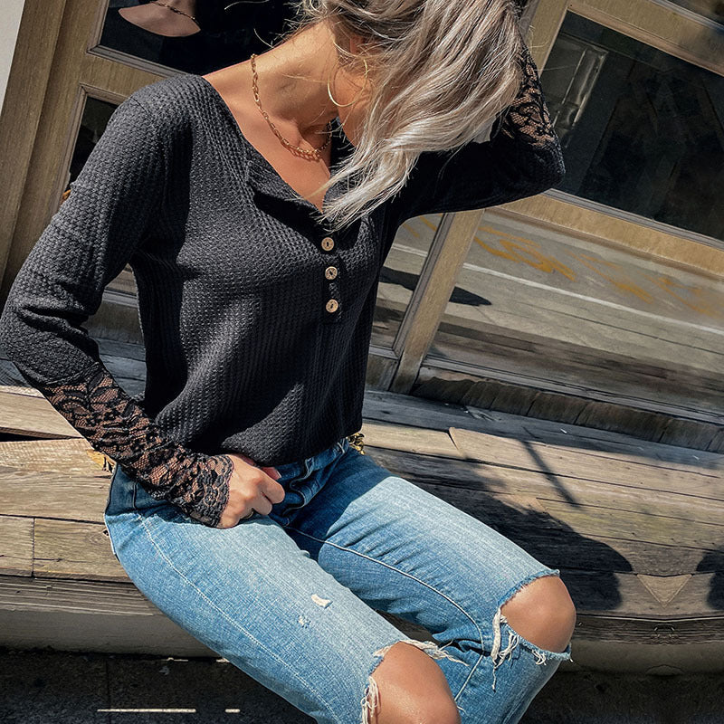 Women Knitted Sweater Autumn Casual Women's Long-Sleeved Lace Bottoming Black Sweater