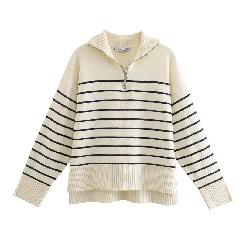 Women Sweater Knitwear Spring and Autumn Sweater Half Zip-up Turtleneck Loose Striped Knitted Sweater
