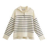 Women Sweater Knitwear Spring and Autumn Sweater Half Zip-up Turtleneck Loose Striped Knitted Sweater