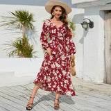Women Date Dress Autumn Winter Sexy Long Sleeve V-neck Lantern Sleeve Backless Floral Long Tie Dress