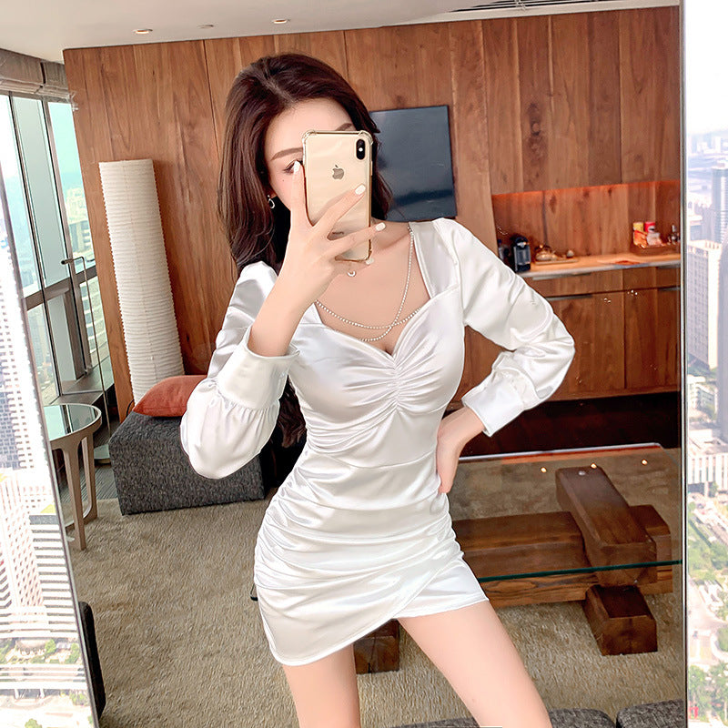 Women Maxi Dress Spring and Autumn Sexy V-neck Hollow Puff Sleeve Dress