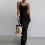 Women Dresses Summer U-Neck Split Sling Dress (Bla0420)
