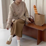 Women Knitted Cardigan Autumn and Winter Loose round Neck Single Breasted Thick Coat